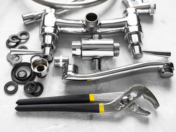 chrome sink faucet parts and wrench