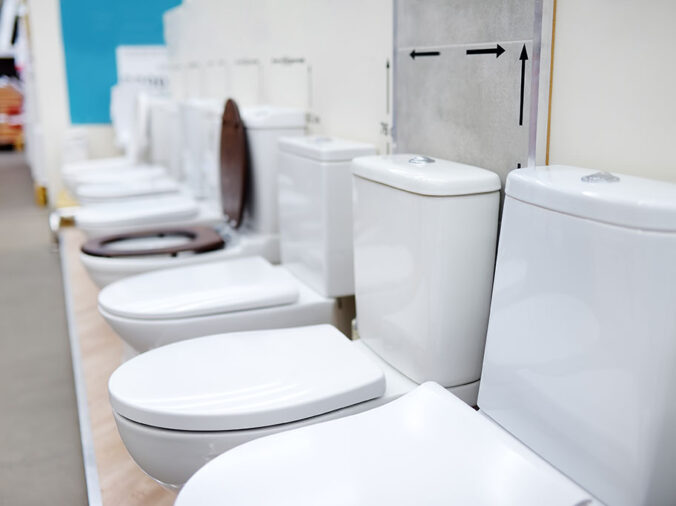 toilets on display in a plumning supply showroom